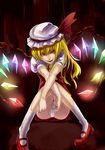  blonde_hair evil_smile flandre_scarlet glowing hat minami_koyogi panties red_eyes ribbon short_hair side_ponytail sitting smile solo touhou underwear white_panties wings 