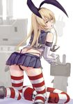  anchor black_panties blonde_hair elbow_gloves gloves hair_ornament hairband kantai_collection lifebuoy long_hair looking_at_viewer looking_back minami_koyogi panties rensouhou-chan shimakaze_(kantai_collection) skirt solo striped striped_legwear thighhighs underwear white_gloves 