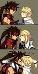  3koma alternate_hair_length alternate_hairstyle blonde_hair blue_eyes blush brown_hair comic eye_contact food guilty_gear guilty_gear_2 guilty_gear_xrd headband height_difference highres ky_kiske looking_at_another male_focus min_(minyinr) mouth_hold multiple_boys pocky pocky_kiss ponytail red_eyes shared_food silent_comic sol_badguy tiara yaoi 
