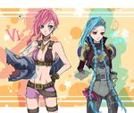  2girls ? bare_shoulders blue_eyes blue_hair braid breasts cosplay costume_switch earrings goggles hand_on_hip jewelry jinx_(league_of_legends) kakip league_of_legends long_hair medium_breasts multiple_girls pink_hair twin_braids very_long_hair vi_(league_of_legends) 