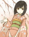  bangs black_hair blunt_bangs blush bob_cut brown_eyes cherry_blossoms gradient gradient_background japanese_clothes kimono looking_at_viewer obi open_mouth original petals pink_background sash senhappyaku short_hair solo 