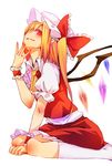  blonde_hair bow fang flandre_scarlet hair_bow hat long_hair looking_at_viewer mister_rhino_(wangzisama1001) red_eyes side_ponytail simple_background sitting smile solo touhou wariza white_background white_legwear wings wrist_cuffs 