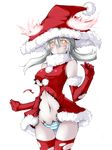  alternate_costume blush breasts elbow_gloves gloves hat kaminagi_(kaminagi-tei) kantai_collection large_breasts long_hair navel pale_skin panties red_gloves red_legwear santa_costume santa_hat shinkaisei-kan silver_hair simple_background solo striped striped_panties thighhighs torn_clothes underwear white_background wo-class_aircraft_carrier yellow_eyes 