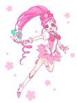  boots bow chimu_(chimoon) choker chypre_(heartcatch_precure!) cure_blossom earrings hair_ornament hair_ribbon hanasaki_tsubomi heart heartcatch_precure! high_heels jewelry knee_boots kneehighs long_hair magical_girl mascot pink_bow pink_choker pink_eyes pink_hair pink_skirt ponytail precure puffy_sleeves ribbon skirt solo very_long_hair white_background wrist_cuffs 