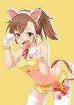  :d animal_ears bare_shoulders bell bow brown_hair cat_ears cat_tail earrings fuku_d futami_mami gloves idolmaster idolmaster_(classic) jewelry midriff navel open_mouth ponytail short_shorts shorts smile solo tail thighhighs white_gloves white_legwear 