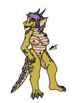  aarkangel anthro big_breasts breasts claws dragon female fur hair horn navel pose purple_hair red_eyes scalie solo spots toe_claws tongue 