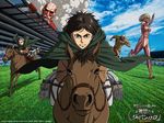  armored_titan artist_request blonde_hair brown_hair cloud colossal_titan connie_springer day eren_yeager female_titan grass green_eyes highres horse horse_racing japan_cup multiple_boys paradis_military_uniform running shingeki_no_kyojin sky three-dimensional_maneuver_gear 