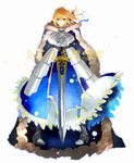  ahoge armor armored_dress artoria_pendragon_(all) bad_id bad_pixiv_id blonde_hair blue_cape cape dress excalibur fate/stay_night fate_(series) gauntlets green_eyes hands_on_hilt hankenyoudayo planted_sword planted_weapon saber solo sword weapon 