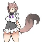  animal_ears arceonn bare_legs breasts brown_hair closed_eyes corset large_breasts original ribbon short_hair smile solo tail thighs white_background 