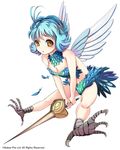  ahoge blue_hair breasts cleavage feathers harpy medium_breasts monster_girl original short_hair solo suoni_(deeperocean) sword weapon wings yellow_eyes 