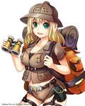  backpack bag bedroll belly_peek belt binoculars blonde_hair breasts cleavage green_eyes helmet long_hair medium_breasts navel original pith_helmet pouch shorts solo suoni_(deeperocean) 