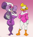  2013 anthro avian big_breasts bird breasts cleavage clothed clothing dress duck female fifi_la_fume mammal shirley_the_loon skunk slb tiny_toon_adventures tiny_toons warner_brothers 