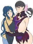  2girls apron ass black_hair blue_eyes blue_hair blush breast_press breasts cattleya cleavage crossover denim elbow_gloves gloves gundam gundam_build_fighters huge_breasts iori_rinko jeans kloah large_breasts long_hair looking_at_viewer milf multiple_girls pants ponytail queen&#039;s_blade queen's_blade ribbed_sweater scrunchie smile sweater symmetrical_docking turtleneck 