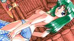  1girl 4bpp ass breasts cap game_cg green_hair hairband indoors looking_at_viewer looking_back nipples nitou_misaki oldschool only_you panties pc98 solo underwear 