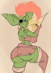  big_breasts big_butt breasts butt ear_piercing eye_patch eyewear female goblin hair huge_butt looking_at_viewer looking_back map orange_hair piercing scar slb solo 