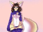  2013 blue_eyes blush breasts brown_hair canine clothing female fennec fox hair looking_at_viewer midriff mrawl nipples panties shirt shirt_lift solo standing sweater underwear wide_hips 