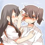  akagi_(kantai_collection) bad_id bad_twitter_id bandages black_eyes blood blush brown_hair hands_on_another's_chest japanese_clothes kaga_(kantai_collection) kantai_collection long_hair lowres multiple_girls open_mouth rebecca_(keinelove) scolding short_hair side_ponytail towel wiping_face 