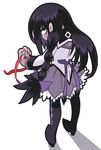  akemi_homura argyle argyle_legwear asymmetrical_hair black_hair braid from_behind gashi-gashi hair_half_undone long_hair magical_girl mahou_shoujo_madoka_magica pantyhose purple_eyes red_ribbon ribbon single_braid skirt solo 