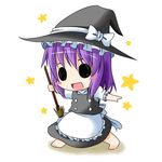  blush_stickers broom chibi cosplay hat ichimi kirisame_marisa kirisame_marisa_(cosplay) looking_at_viewer nagae_iku open_mouth outstretched_arms purple_hair short_hair skirt smile solid_circle_eyes solo star touhou 
