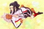  2boys armband black_hair blush dark_skin fang heart inazuma_eleven inazuma_eleven_(series) long_hair lying lying_on_person male male_focus multiple_boys pointy_ears ponytail red_eyes saginuma_osamu segata_ryuuichiro shorts soccer_uniform socks sportswear sweatdrop tan teenage tntn_10 uniform white_hair yaoi 