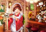  apron artist_name bar_stool bottle bouquet brown_eyes brown_hair cafe cake coffee cup dated drinking_glass flower food fruit japanese_clothes kimono lamp looking_at_viewer maid_apron maid_headdress open_mouth original phonograph record short_hair smile solo stool strawberry teapot twintails vase wa_maid waitress wine_bottle wine_glass yuzu_5101 