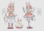  animal_ears blue_eyes blush boots bow detached_sleeves dress drill_hair gen_6_pokemon gloves highres japanese_clothes kimono long_hair looking_at_viewer magical_girl moemon multiple_girls north_abyssor one_eye_closed personification pink_hair pokemon pokemon_(creature) short_kimono smile sylveon thighhighs twintails wand white_legwear wide_sleeves 