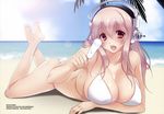  1girl absurdres ayase_hazuki ball bare_shoulders barefoot beach bikini blush breast_hold breasts cleavage cloud clouds feet food headphones highres ice_cream large_breasts legs long_hair looking_at_viewer lying nitroplus ocean on_stomach open_mouth palm_tree pink_eyes pink_hair popsicle sky solo sun super_sonico swimsuit thighs toes tree water 