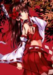  bad_id bad_pixiv_id blush bow breasts brown_hair butterfly_hair_ornament detached_sleeves gohei hair_bow hair_ornament hair_tubes hakurei_reimu hip_vent long_hair looking_at_viewer medium_breasts midriff mushroom_(artist) red_eyes ribbon-trimmed_sleeves ribbon_trim sideboob skirt solo touhou 