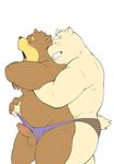  anal anal_penetration anthro balls bear biceps black_nose blush brown_fur clenched_teeth duo erection eyes_closed from_behind fur gay grizzly_bear holding male mammal moan open_mouth penetration penis plain_background polar_bear sex teeth thong unknown_artist white_background 