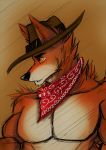  alejandrogsd_(artist) anthro canid canine canis cowboy cowboy_hat hat male mammal muscular muscular_male pecs red_wolf solo wolf 