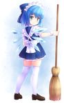  alternate_costume apron back blue_eyes bow broom cirno dress dress_shirt enmaided hair_bow ice ice_wings komimiyako loafers looking_back maid maid_headdress ribbon shirt shoes short_hair skindentation smile solo thighhighs touhou white_legwear wings wrist_cuffs 