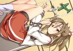  blush brown_eyes brown_hair feet_out_of_frame fetal_position hachimaki hair_ribbon headband high_ponytail japanese_clothes kantai_collection light_brown_hair long_hair looking_at_viewer lying muneate on_side ponytail ribbon shake_(ferit3) skirt smile solo zuihou_(kantai_collection) 