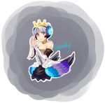 bare_shoulders bracer character_name choker cropped_legs crown detached_sleeves drawfag dress feathers grey_eyes gwendolyn multicolored multicolored_wings odin_sphere short_hair silver_hair solo strapless strapless_dress wings 
