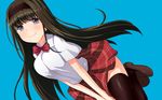  ardnades black_eyes black_hair breasts hairband loafers long_hair medium_breasts original plaid plaid_skirt school_uniform shoes skirt smile solo thighhighs v_arms zettai_ryouiki 