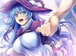  1girl blue_eyes blue_hair blush breasts cape game_cg grimoire_no_shisho hat kureha_martin large_breasts long_hair marushin_(denwa0214) witch_hat 