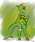  2018 butt clothed clothing female hand_on_hip joaoppereiraus lira_(character) lizard looking_back melee_weapon reptile scalie skimpy solo sword unimpressed weapon 