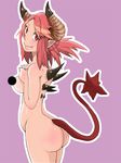  41_(taskmaster41) ass belly breasts censored demon_girl demon_horns demon_tail fang horns looking_back medium_breasts nude orange_hair original pointy_ears red_eyes simple_background smile solo spikes tail 