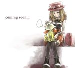  bad_id bad_pixiv_id black_legwear blue_eyes breasts brown_hair eyewear_on_head fennekin gen_6_pokemon grin hat holding_nose long_hair medium_breasts pokegear pokemon pokemon_(creature) pokemon_(game) pokemon_on_lap pokemon_xy porkpie_hat queruru serena_(pokemon) sitting sitting_on_lap sitting_on_person sleeveless smile thighhighs wristband 