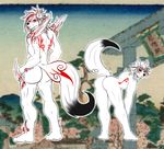  &#332;kami ?kami big_butt black_fur bodypaint butt canine cosplay duo fox fox_mccloud fur green_eyes hair looking_back male mammal markings muscles nintendo nude presenting purple_eyes rath-raholand star_fox video_games white_fur wolf wolf_o&#039;donnell wolf_o'donnell 