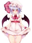  adapted_costume ascot bad_id bad_twitter_id bat_wings blush brooch dress dress_lift hat hat_ribbon highres jewelry jpeg_artifacts lavender_hair open_mouth red_eyes remilia_scarlet ribbon short_hair simple_background solo touhou white_background wings wrist_cuffs yutazou 