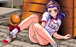  1girl 4bpp ass band_aid bandaid basketball blue_garnet blush buruma embarrassed game_cg gym gym_storeroom gym_uniform hairband kajiyama_hiroshi looking_at_viewer oldschool pc98 purple_hair short_hair sitting socks vaulting_horse 