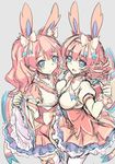  animal_ears blue_eyes blush bow breast_press breasts detached_sleeves dress drill_hair gen_6_pokemon japanese_clothes kimono long_hair looking_at_viewer magical_girl multiple_girls north_abyssor personification pink_hair pokemon short_kimono sketch smile sylveon thighhighs twintails white_legwear wide_sleeves 