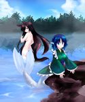  animal_ears back black_hair blue_hair censored convenient_censoring drill_hair from_behind highres imaizumi_kagerou long_hair long_sleeves looking_back mermaid monster_girl multiple_girls nayutaro nude red_eyes skinny_dipping tail touhou wakasagihime water wolf_ears wolf_tail 