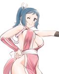  ;) blue_eyes blue_hair breasts cleavage closed_mouth cosplay fatal_fury gundam gundam_build_fighters hand_on_hip iori_rinko japanese_clothes large_breasts long_hair mature mitsuishi_kotono one_eye_closed pelvic_curtain revealing_clothes seiyuu_connection shiranui_mai shiranui_mai_(cosplay) sideboob smile solo the_king_of_fighters ueyama_michirou vambraces 