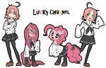  ahoge amber_eyes angry blush clothed clothing crossover dual_persona duality duo english_text equine female friendship_is_magic hair horse human kogami_akira legwear long_sleeves looking_at_viewer lucky_star mammal my_little_pony open_mouth pink_hair pinkamena_(mlp) pinkie_pie_(mlp) plain_background pony saberdoom school_uniform skirt smile square_crossover stockings text umeguru white_background 