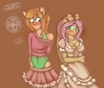  anthro anthrofied blonde_hair blue_eyes blush bow breasts cat cleavage clothed clothing crossdressing dialog dress duo english_text equine feline female fluttershy_(mlp) friendship_is_magic girly hair horse male mammal misukitty my_little_pony pink_hair pony skirt standing text 