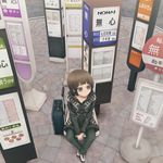  brown_eyes brown_hair bus_stop can commentary_request crosswalk hands_together highres hood hood_down hoodie original short_hair soda_can solo suitcase translated yajirushi_(chanoma) 