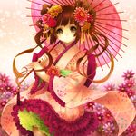  blush brown_eyes brown_hair field flower flower_field frilled_kimono frills hair_flower hair_ornament japanese_clothes kimono lolita_fashion long_hair looking_at_viewer oriental_umbrella original parasol skirt smile solo umbrella wa_lolita yuzu_5101 