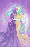  anthro anthrofied clothing dress duo equine female friendship_is_magic glowing glowing_eyes hair horn horse hug looking_at_viewer mammal misukitty multi-colored_hair my_little_pony pony princess_celestia_(mlp) purple_eyes sparkles standing twilight_sparkle_(mlp) winged_unicorn wings yellow_eyes 