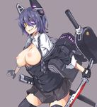  bad_id bad_pixiv_id black_background black_legwear breasts breasts_outside cardigan checkered checkered_neckwear dress_shirt eyepatch fingerless_gloves gloves grin headgear holding kantai_collection large_breasts left-handed necktie nipples open_clothes open_shirt purple_hair roke school_uniform sheath shirt skirt smile solo sword tenryuu_(kantai_collection) thighhighs unsheathed weapon yellow_eyes zettai_ryouiki 